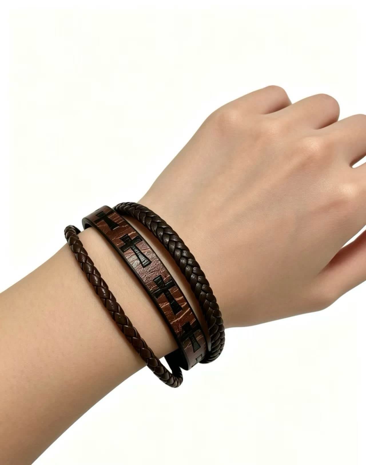 Chrome Hearts Men's Brown Leather Bracelet with Cross Design